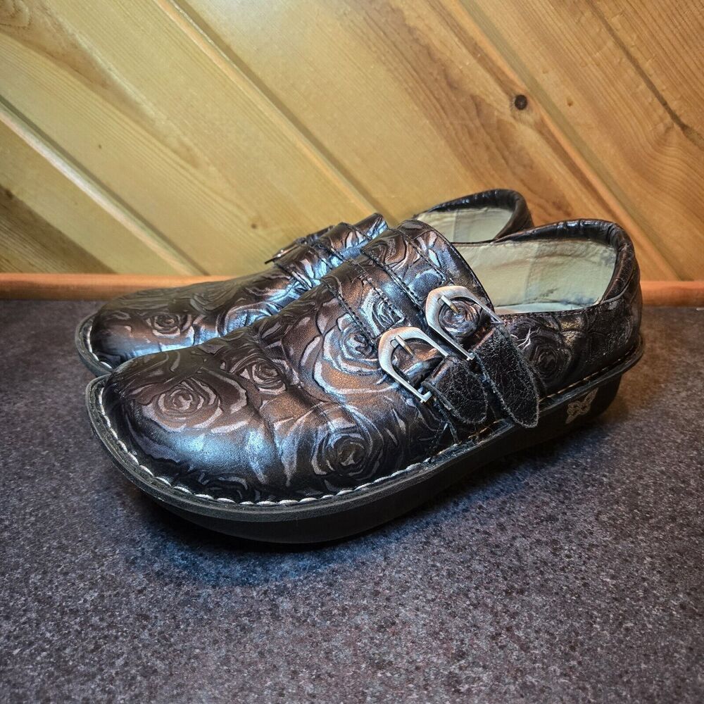 Alegria Alli Black Silver Roses Buckle Comfort‎ Shoes Women's Size 39 - US 8.5